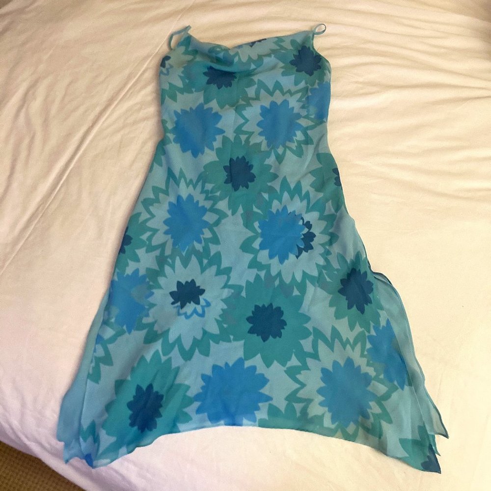 Express | Drape Neck Blue Flower Graphic Dress